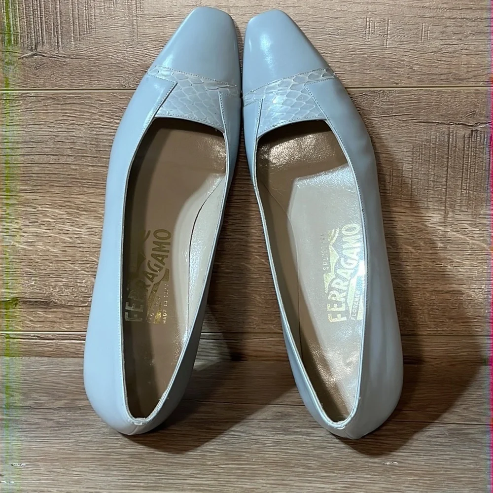 Salvatore Ferragamo Pump‎ Block Heel Retro Gray Snakeskin Square Toe Cap Shoes
